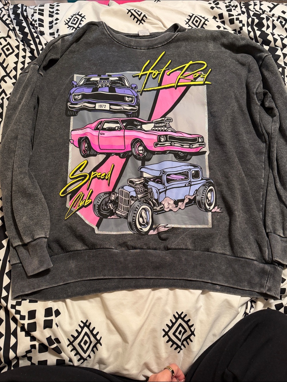 No Boundaries Charcoal Crewneck Sweatshirt with Pink & Purple Hot Rod Graphic